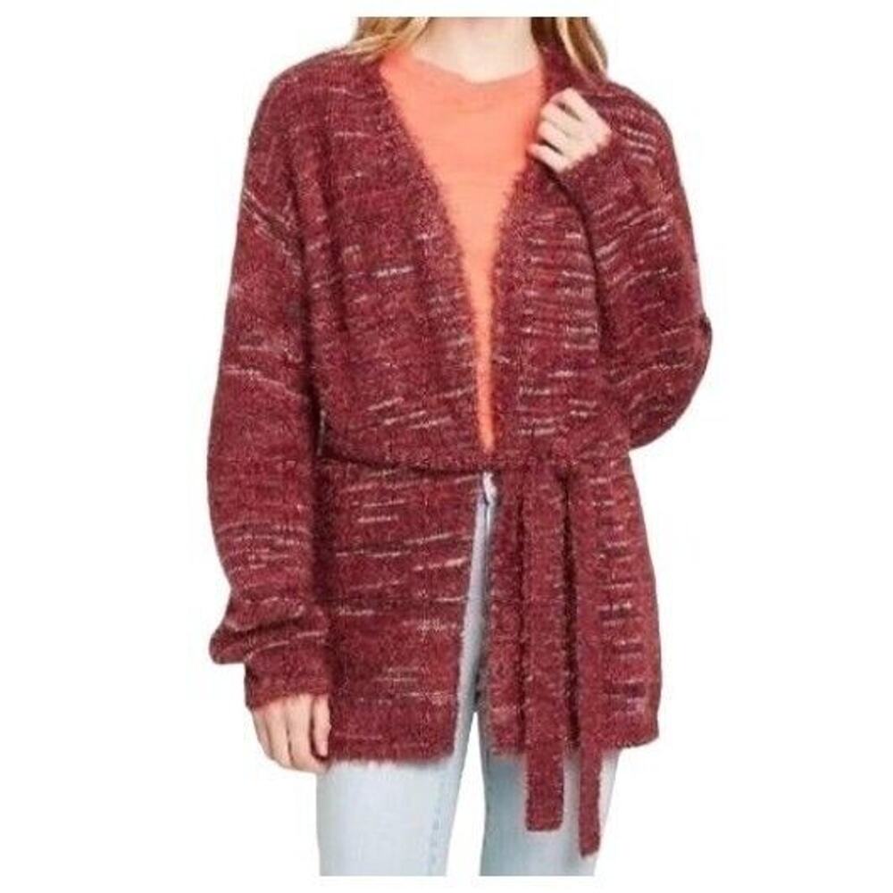 Knox Rose Cardigan Sweater Womens‎ XL Burgundy Red Fuzzy Eyelash Tie Front Cozy